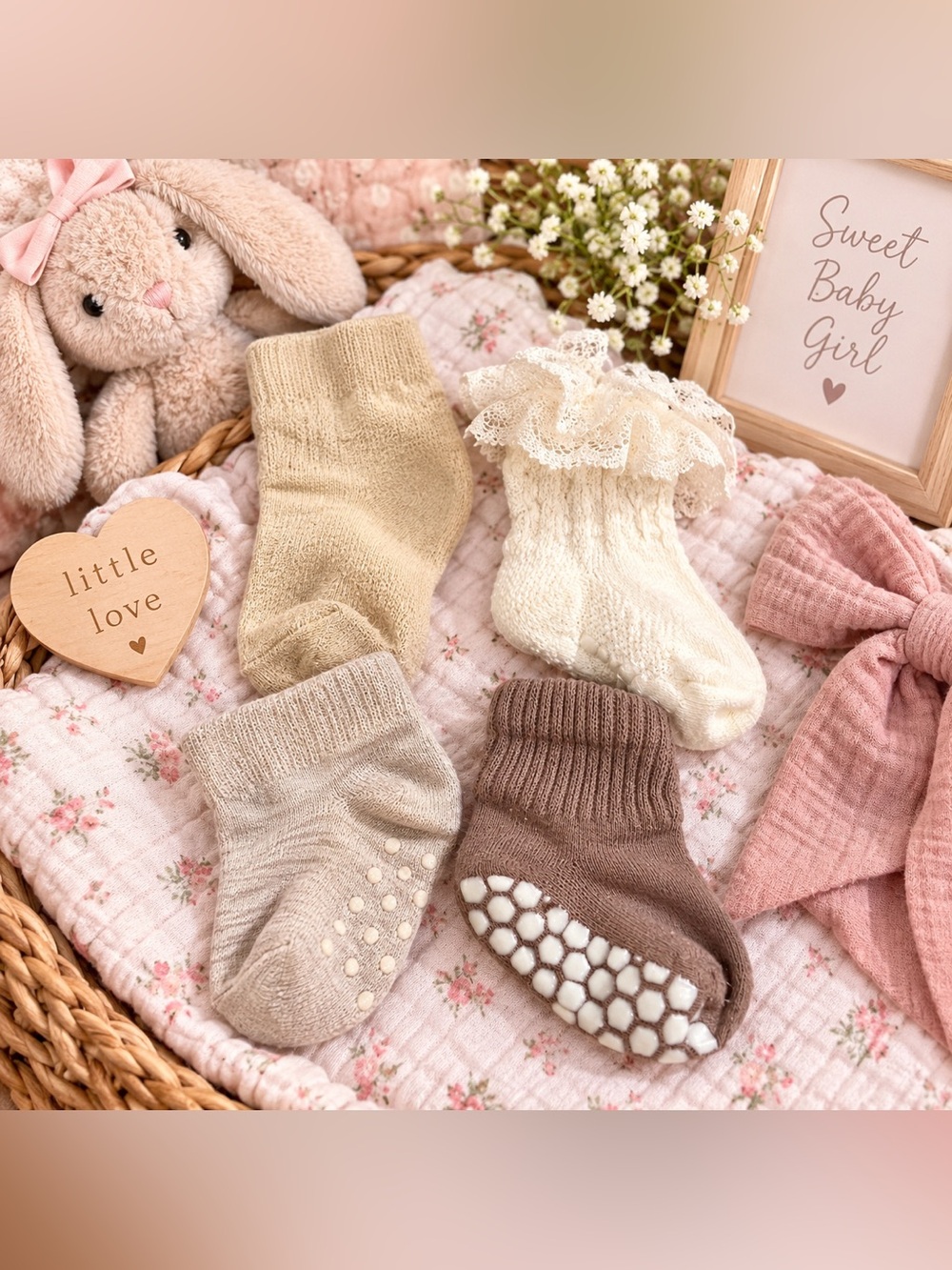 Baby Girl Socks 6–12 Months – Neutral Cream, Beige & Brown – 4 Pairs